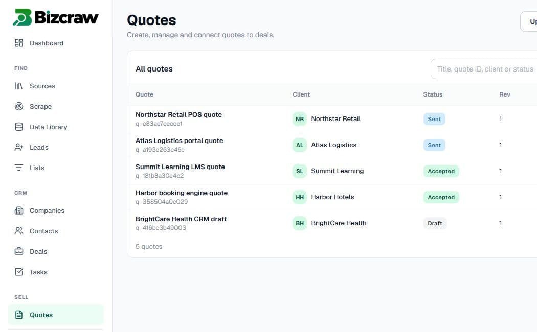 A commercial quote workflow in Bizcraw