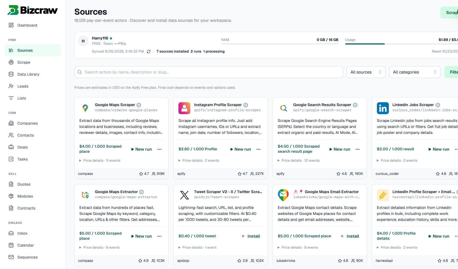 Apify actors displayed in the Bizcraw source library