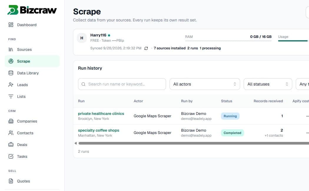 Bizcraw scrape run history with collected records and usage